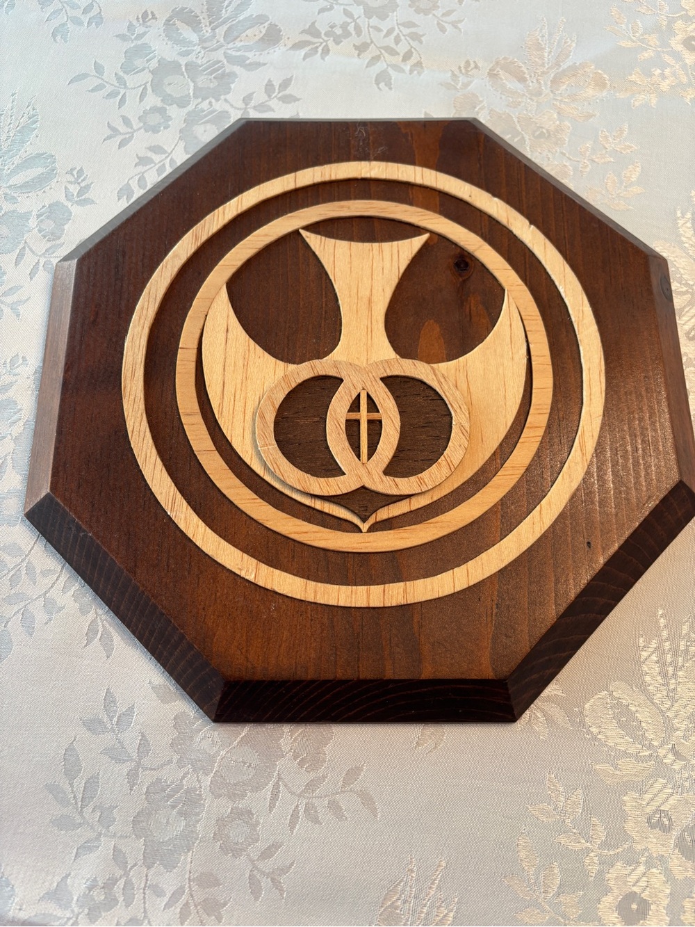 Handcrafted Wooden Inlayed Plaque With Wedding Rings And Small Vertical Cross